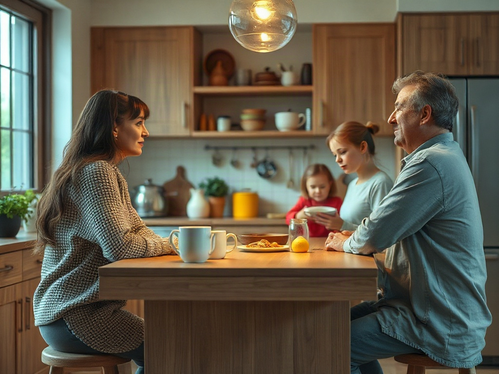На кухне за столом сидят женщина и мужчина, рядом две девушки, одна из них что-то ест. Атмосфера домашнего уюта.