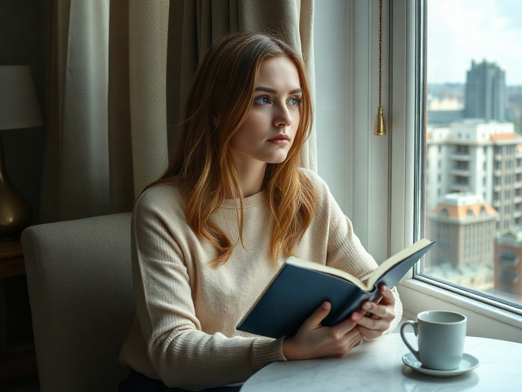 Молодая женщина читает книгу у окна, держа в руках чашку кофе и смотрит вдаль.